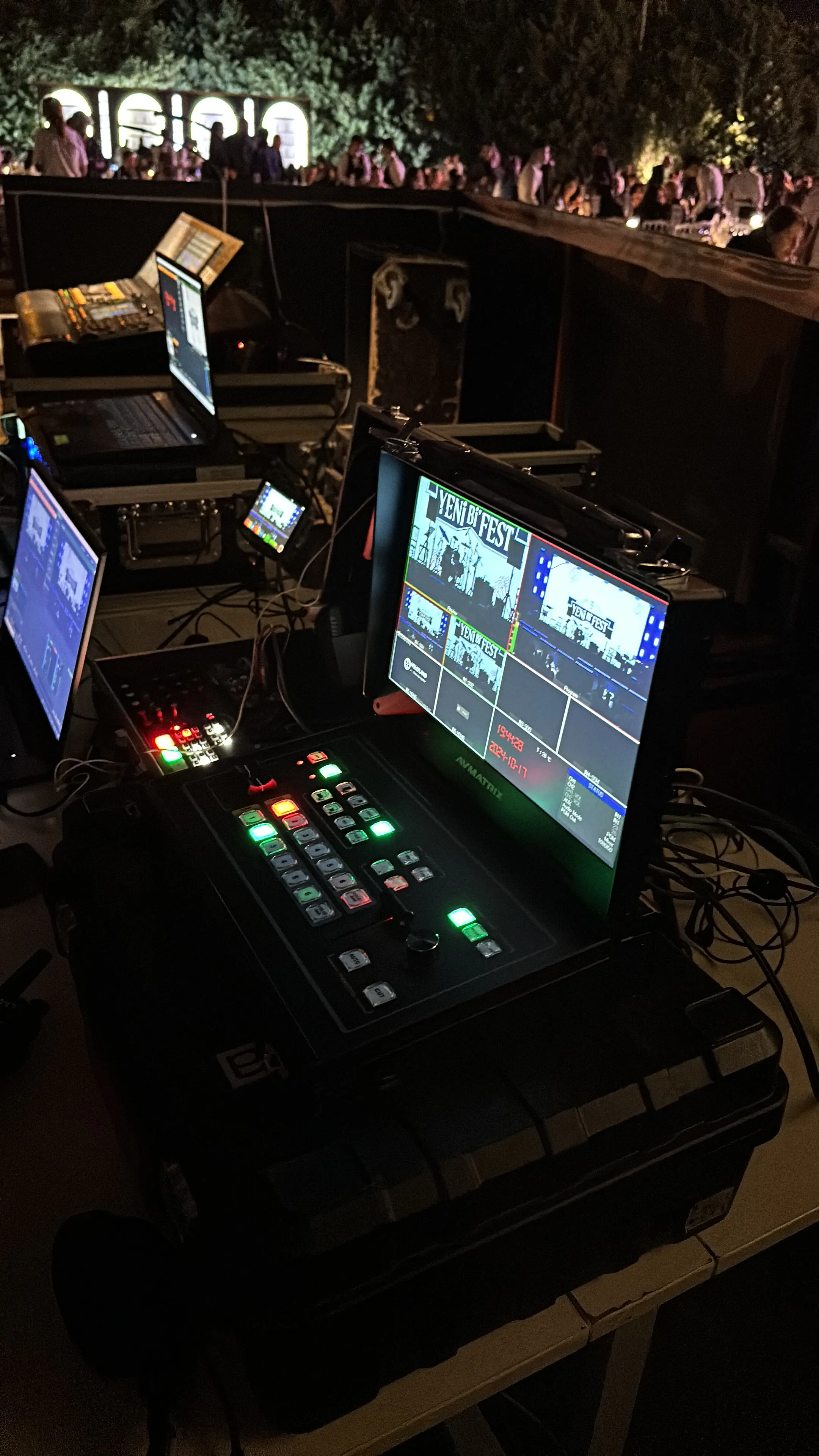 The outdoor control desk at a night event