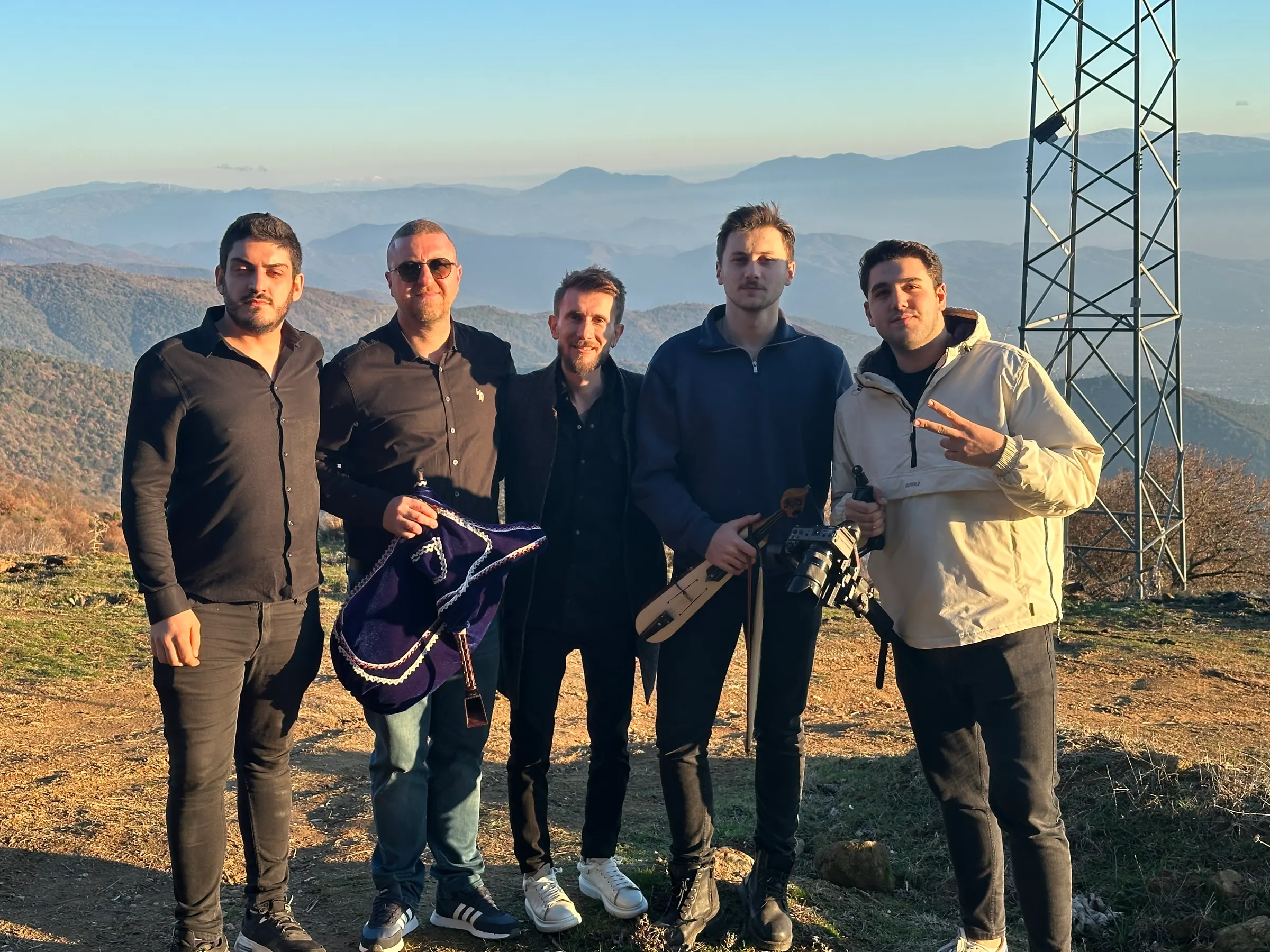 The crew at a mountain location for a music video shoot