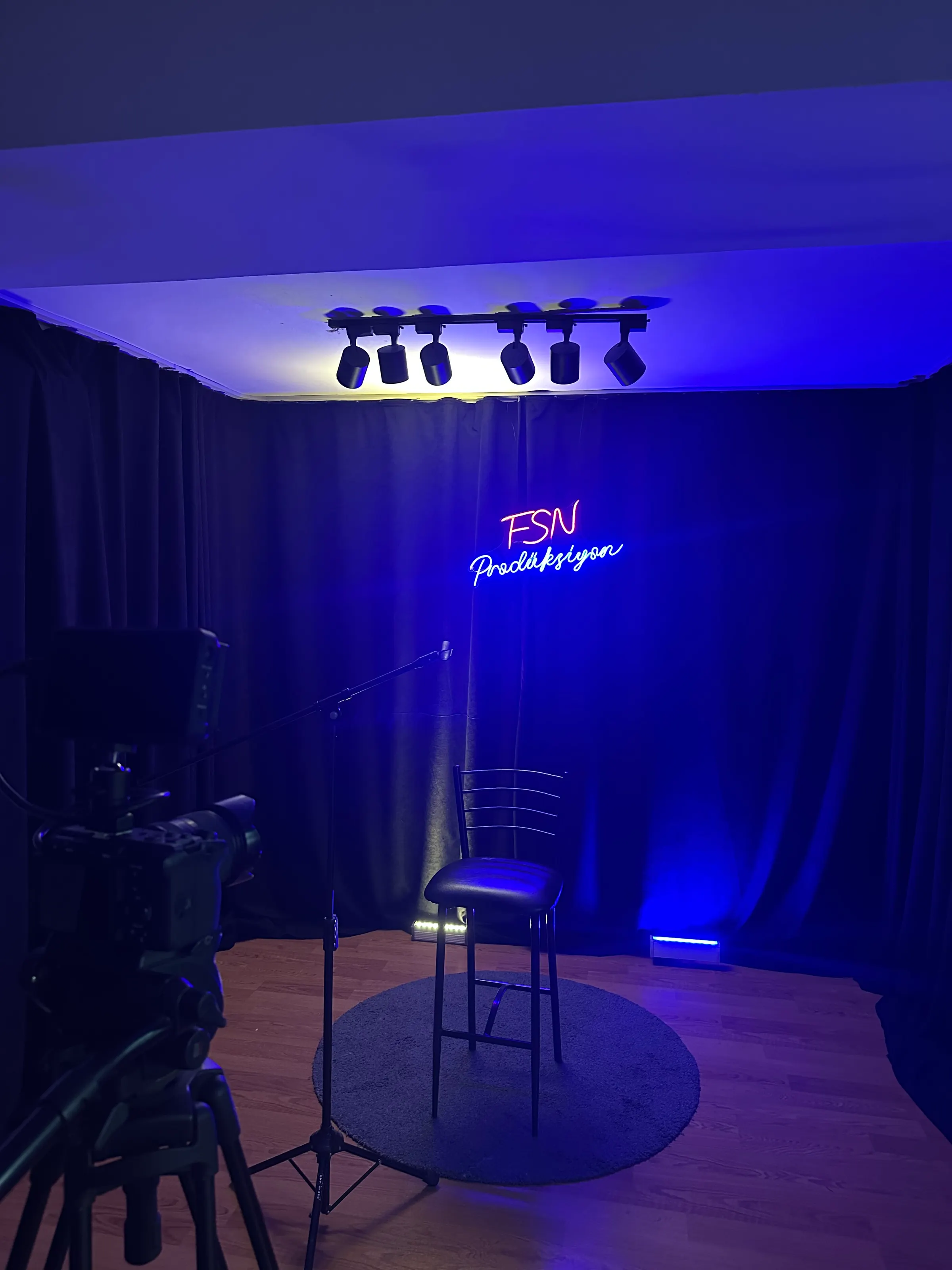The studio floor with the lights set and the backdrop ready